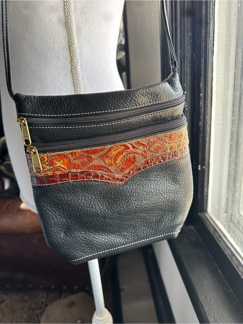 Leather western  Shoulder Bag with Embossed Floral Accent - Black & Orange